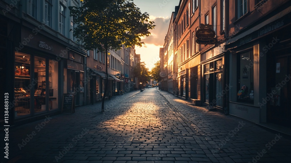 Sunrise illuminates empty cobblestone street. Sunrise illuminates empty cobblestone street.