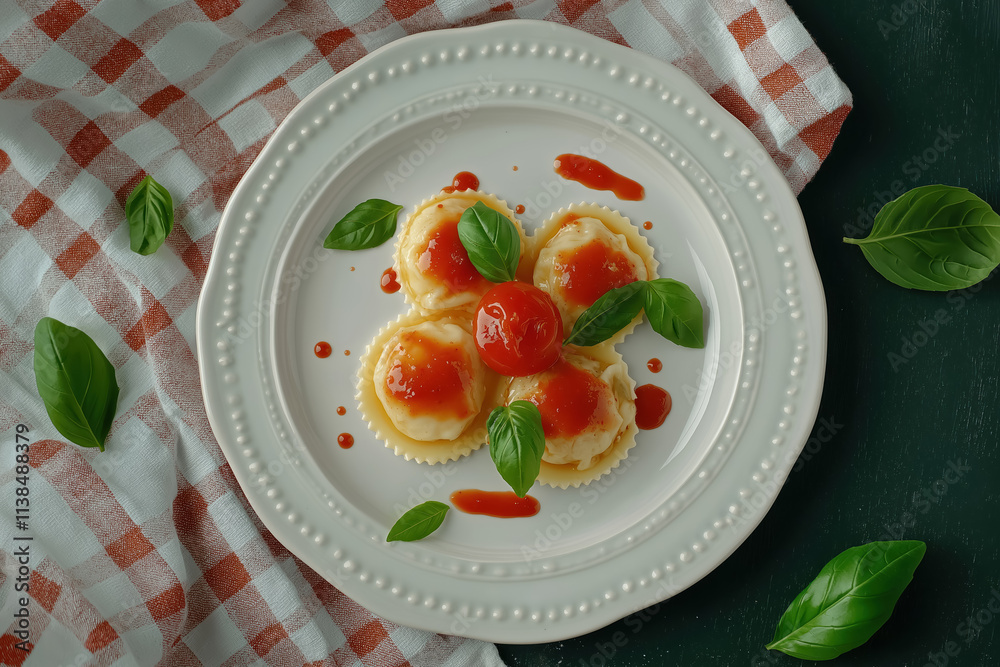 ravioli with tomato sauce garnished with fresh basil on a white plate, ideal for fine dining, gingham towel ravioli with tomato sauce garnished with fresh basil on a white plate, ideal for fine dining, gingham towel