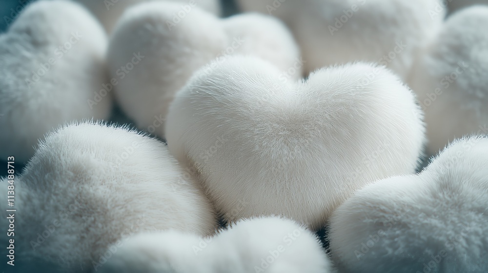 Group of small white fluffy plush hearts arranged on neutral fabric horizontal view background Group of small white fluffy plush hearts arranged on neutral fabric horizontal view background