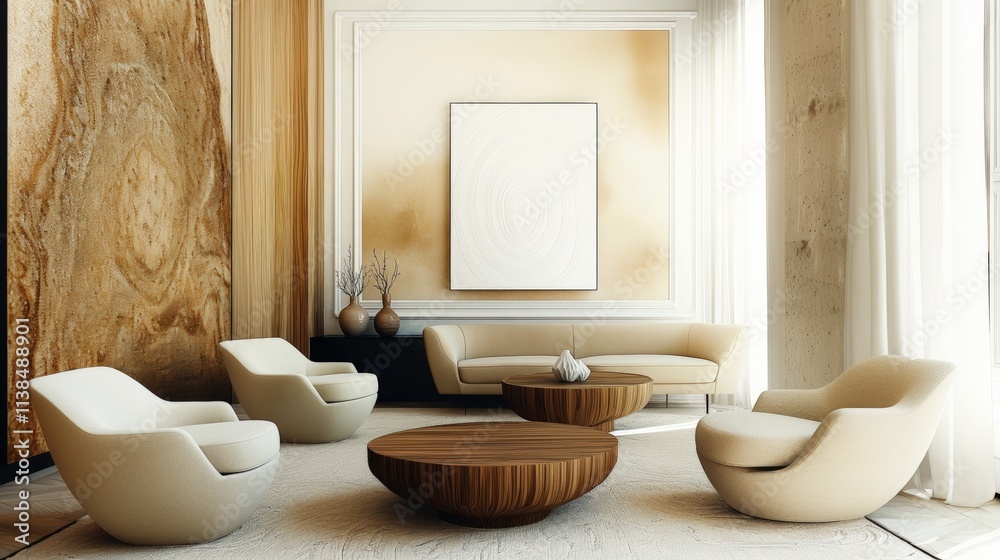 Minimalist interior design of modern living room with abstract art, beige sofa and armchairs, decorative vases on black cabinet. Wall with abstract art. Wooden coffee table Minimalist interior design of modern living room with abstract art, beige sofa and armchairs, decorative vases on black cabinet. Wall with abstract art. Wooden coffee table