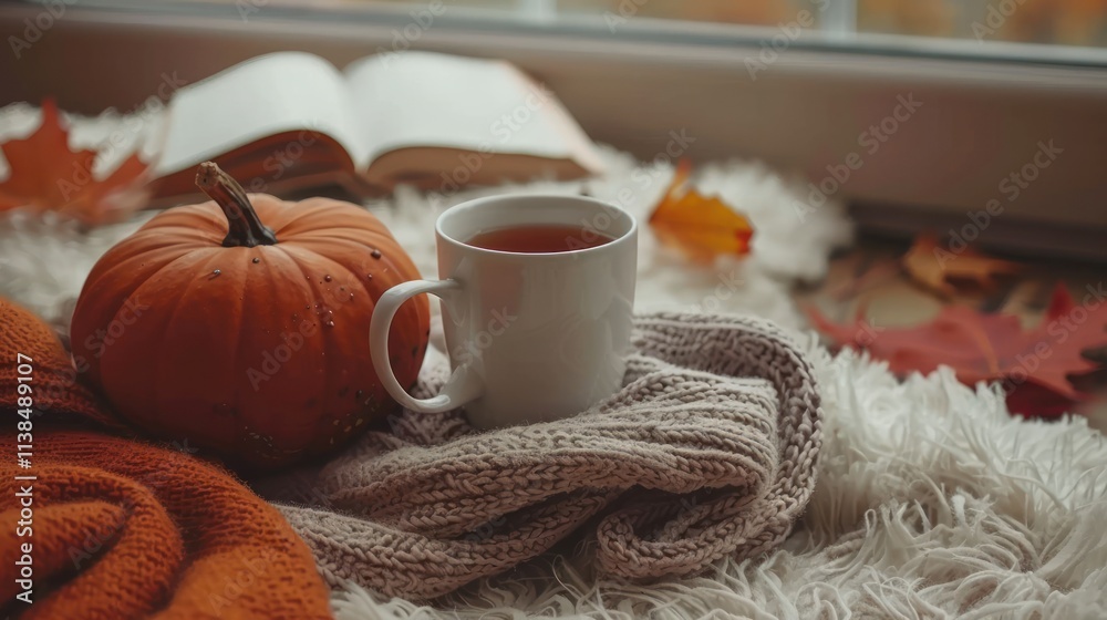 Cozy autumn scene with tea, pumpkin, book, and sweater. Cozy autumn scene with tea, pumpkin, book, and sweater.