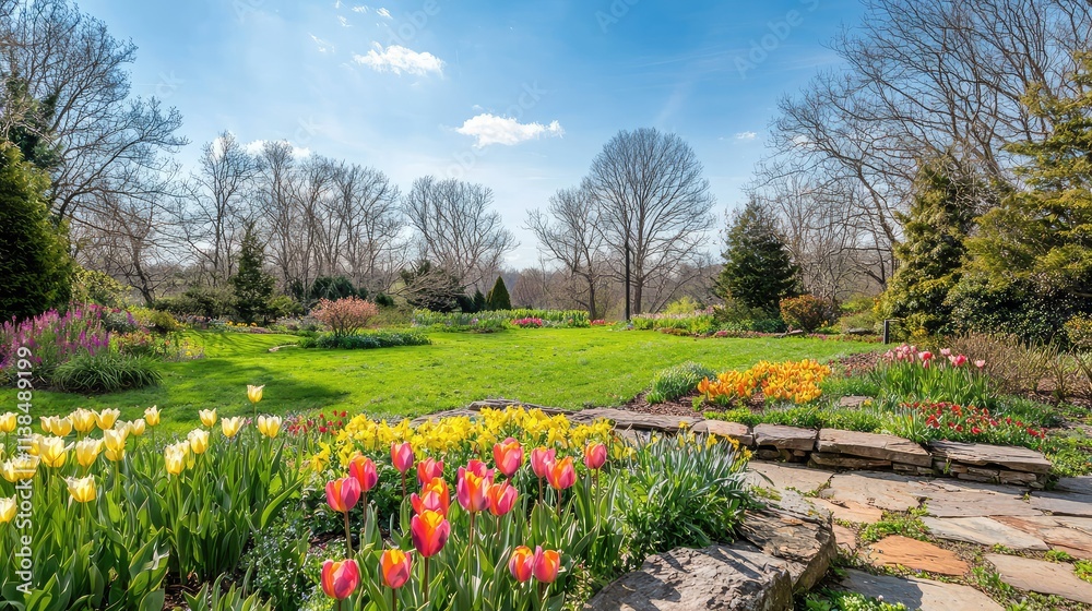 Colorful Blooming Tulip Garden in Springtime with Lush Greenery, Blue Sky, and Scenic Landscape Perfect for Nature Lovers and Photography Enthusiasts Colorful Blooming Tulip Garden in Springtime with Lush Greenery, Blue Sky, and Scenic Landscape Perfect for Nature Lovers and Photography Enthusiasts