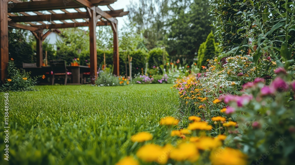 Obraz premium Beautiful Garden Landscape with Colorful Flowers and Pergola Surrounded by Lush Green Grass in a Peaceful Outdoor Setting Ideal for Relaxation and Enjoyment