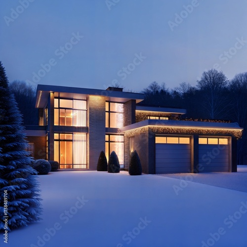 A house with a garage and a driveway. The house is lit up with lights. The garage is open