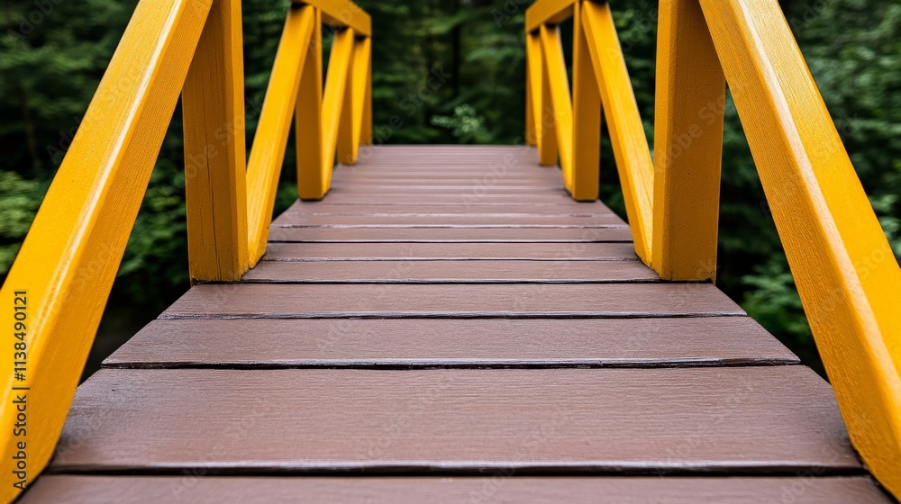 Yellow Bridge to Tranquility: A perspective shot of a wooden footbridge with bright yellow railings, leading into a serene, lush green forest. The image evokes a sense of calm and journey. Yellow Bridge to Tranquility: A perspective shot of a wooden footbridge with bright yellow railings, leading into a serene, lush green forest. The image evokes a sense of calm and journey.