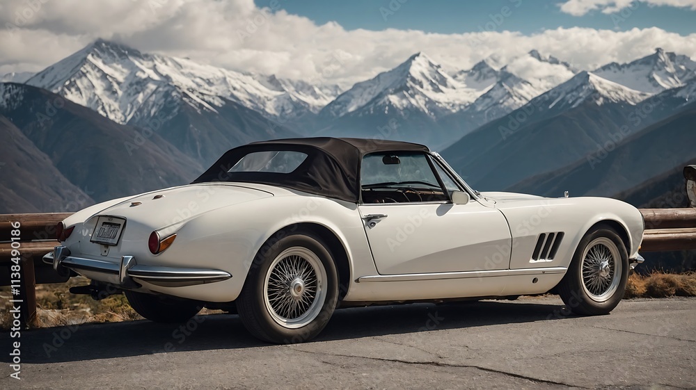 Classic White Convertible Against Majestic Snowy Mountain Range Classic White Convertible Against Majestic Snowy Mountain Range