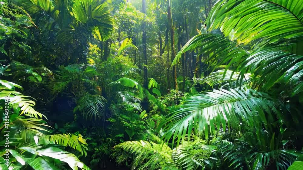 Lush greenery fills the dense rainforest of Daintree National Park in Australia, Dense rainforest vegetation in jungle of Daintree nature reserve Queensland AU