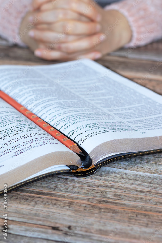 Fototapeta premium Person is praying and studying the bible. Christian biblical concept.