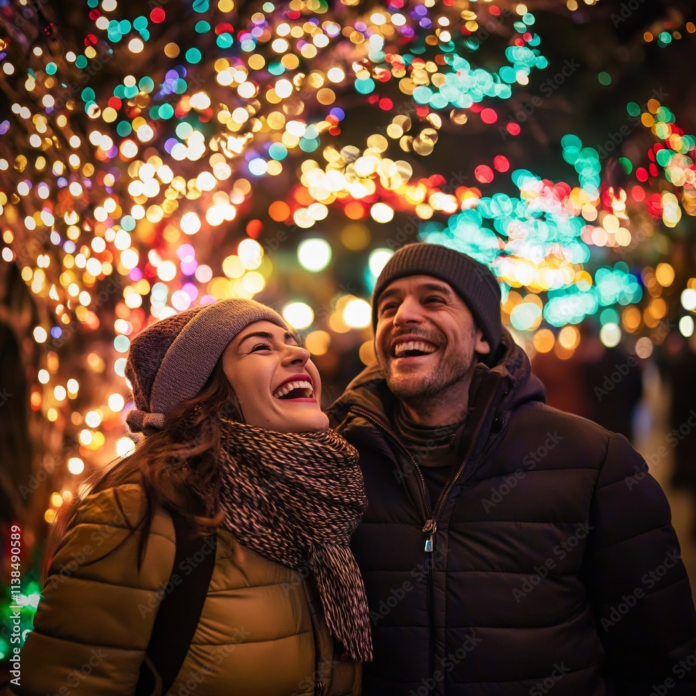 A happy couple captured under a canopy of lights, embracing the festive holiday spirit. A happy couple captured under a canopy of lights, embracing the festive holiday spirit.