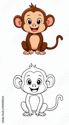 Adorable Cartoon Monkey Character in Color and Outline Versions