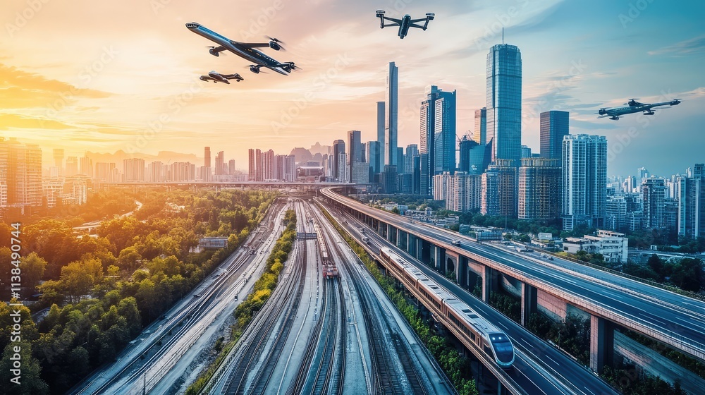Fototapeta premium A high-speed train concept traveling along elevated transparent tracks with a futuristic city skyline full of flying vehicles and energy-efficient