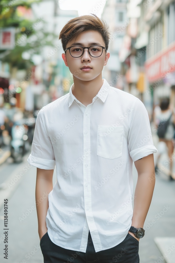 Fototapeta premium A stylish young man poses confidently in a bustling city scene.