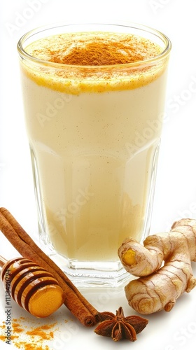 Creamy Turmeric Ginger Smoothie with Spices and Honey Garnish in Clear Glass on White Background, Emphasizing Health Benefits and Natural Ingredients
