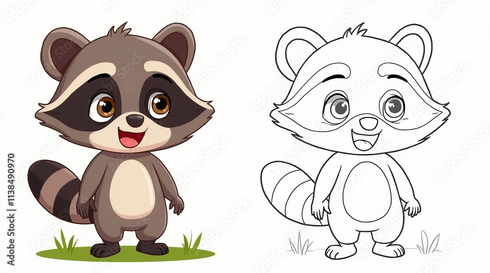 Fototapeta premium Adorable Cartoon Raccoon Character in Color and Outline