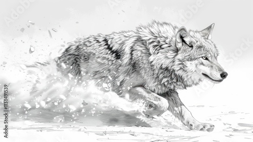 Wallpaper Mural Majestic wolf running through snow, monochrome illustration. Torontodigital.ca