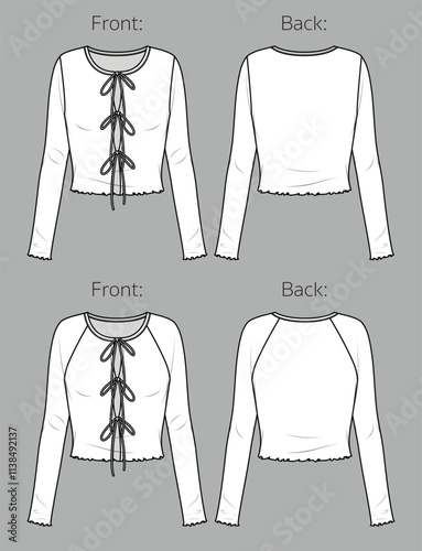 Vector long sleeved slim fit top fashion CAD, woman crop round neck blouse technical drawing, template, mock up, sketch. 2 pieces knit cardigan with ties technical flat front, back view, white color