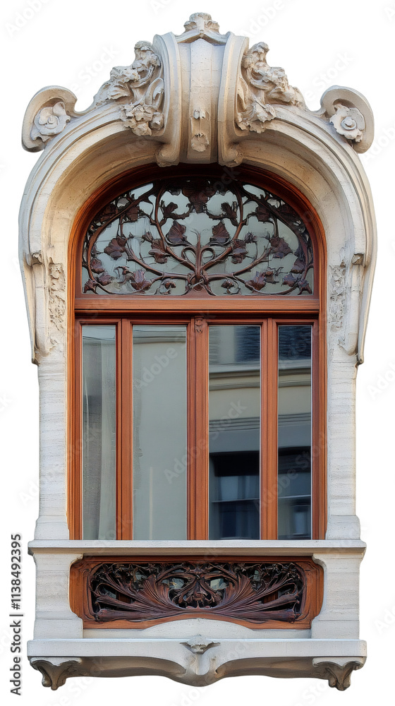 Obraz premium Art nouveau window with intricate wooden and stone carvings reflects a modern urban landscape, blending classic and contemporary architecture