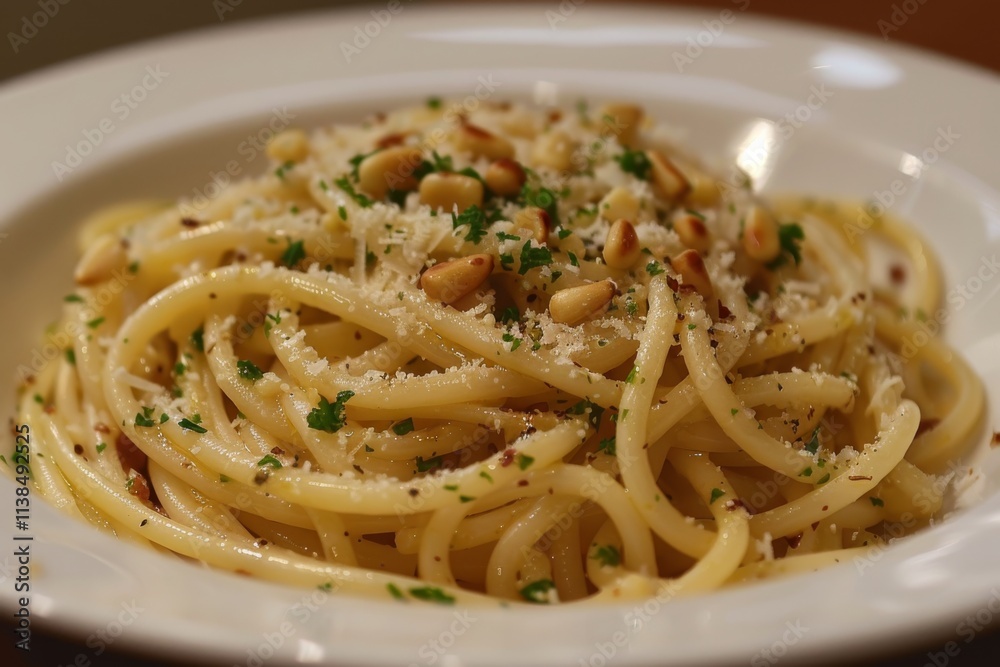 Fresh pesto spaghetti with a sprinkle of parmesan and pine nuts Fresh pesto spaghetti with a sprinkle of parmesan and pine nuts
