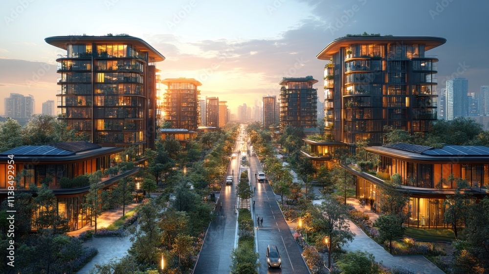 Fototapeta premium Modern urban landscape featuring stylish buildings and lush greenery at sunset.