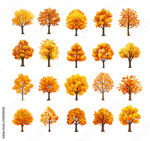 Autumn trees cartoon vector set. Orange yellow shift city park garden seasonal forest plants, timber flora golden leaves foliage , isolated on white background