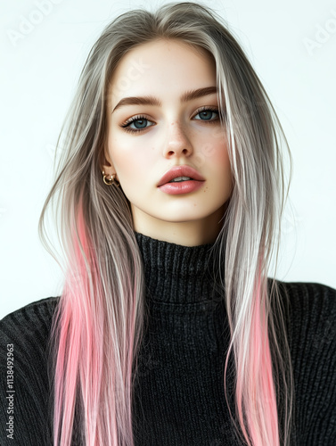 Female model with long pink grey hair photo