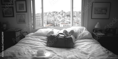 A person lays on a bed surrounded by a suitcase and packing items photo