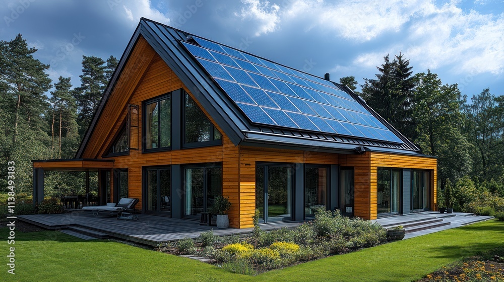Modern wooden house with solar panels surrounded by greenery and a spacious deck. Modern wooden house with solar panels surrounded by greenery and a spacious deck.