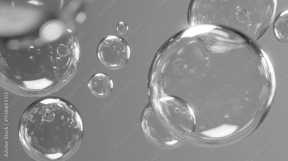 Abstract 3D render of floating liquid transparent bubbles that collide with each other over grey background