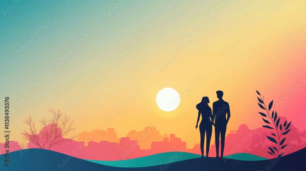 Silhouette of Couple Standing Together at Sunset Over City Skyline Silhouette of Couple Standing Together at Sunset Over City Skyline