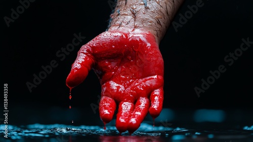 Crimson Hand: A dramatic close-up of a hand covered in vibrant red paint, dripping onto a dark surface. The image evokes strong emotions and is perfect for projects needing a bold visual. photo