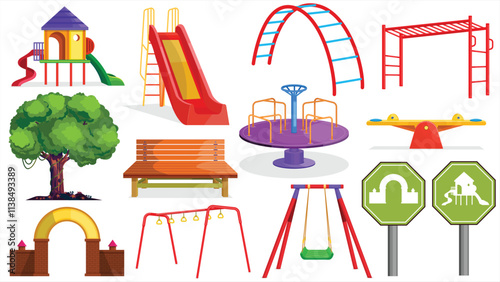 Playground equipments, Children Playground Elements with Slide, Swings and Ladders Vector Set