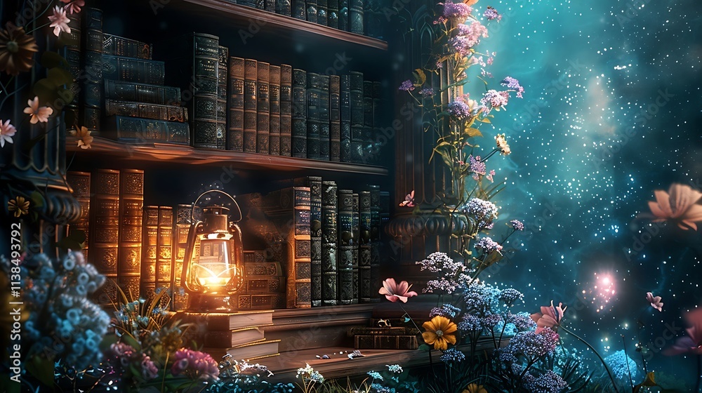 Enchanting Library with Flowers and Lantern Light Enchanting Library with Flowers and Lantern Light