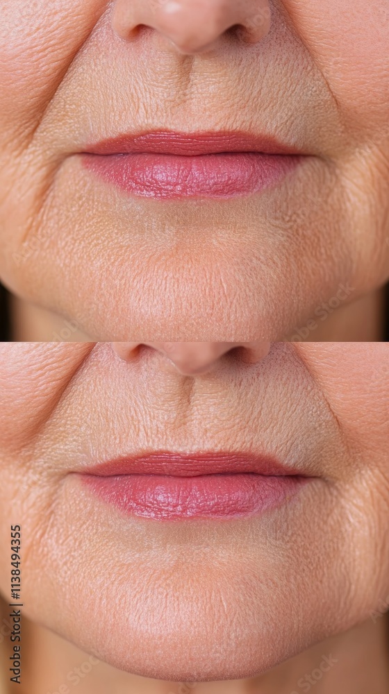 Before and After Lip Filler Treatment Close-up of Woman's Lips Showing Wrinkles and Improved Texture Before and After Lip Filler Treatment Close-up of Woman's Lips Showing Wrinkles and Improved Texture