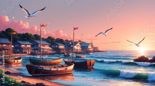 Tranquil Sunset over Coastal Village with Fishing Boats