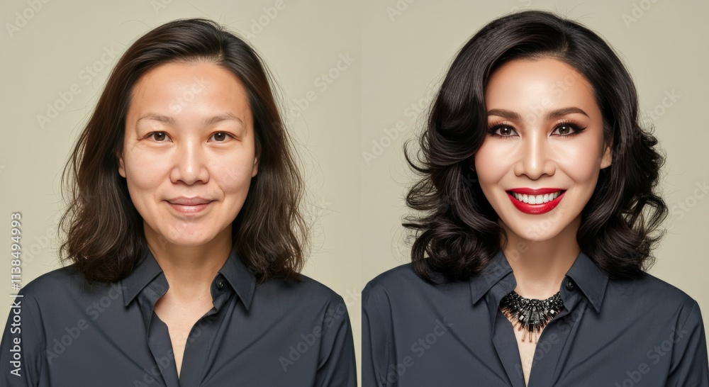 Transformation before and after makeup for asian woman in professional attire Transformation before and after makeup for asian woman in professional attire