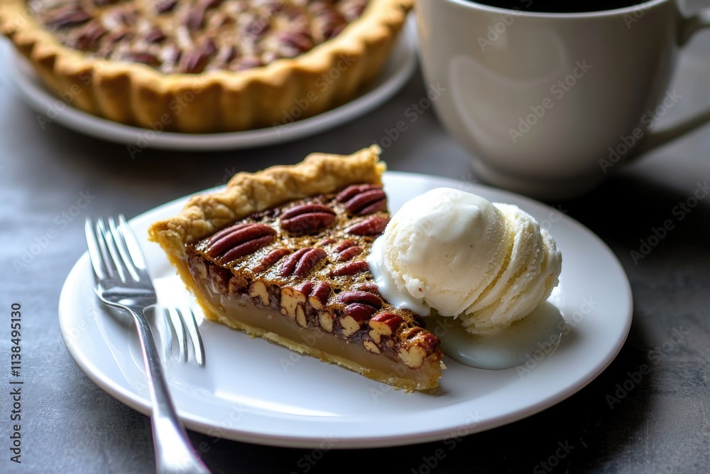 A slice of warm pecan pie served with a scoop of cold ice cream on a plate A slice of warm pecan pie served with a scoop of cold ice cream on a plate