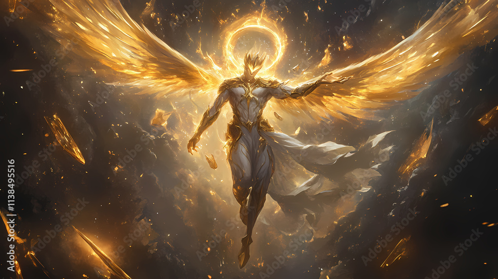 Naklejka premium A celestial being avatar with golden skin, wings made of light, and a radiant halo floating in a heavenly scene. Heavenly. Illustration