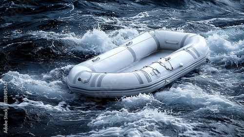 Small inflatable boat tossed by large waves at sea.