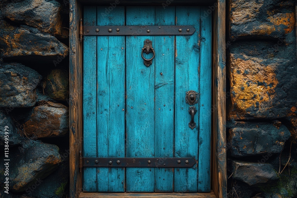 Naklejka premium A wooden door with a metal handle, depicted in blue colors