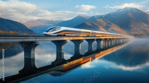 Wallpaper Mural A high-speed train crossing a bridge over a lake, with the train bold design reflected on the water, mirroring its movement Torontodigital.ca