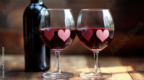 Two glasses of wine with hearts on them, next to a bottle of wine