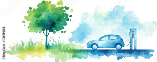 Modern Electric Car Charging Station Under Green Tree with Vibrant Watercolor Style