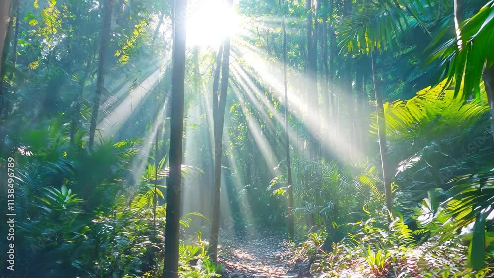 Rays of sunlight shimmer through lush trees in a serene forest environment, Forest sunshine with rays of light glow through trees in Australian jungle