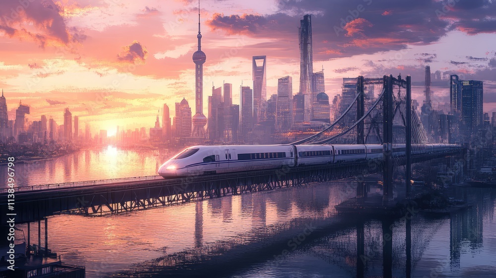 Naklejka premium A high-speed train crossing a bridge over a river, with a breathtaking city skyline filled with skyscrapers and reflections on the water below