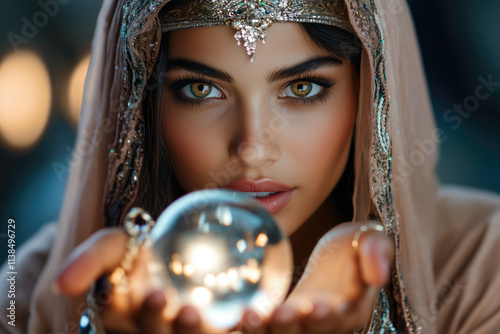 Gypsy fortune teller predicts fate by looking into a crystal ball photo