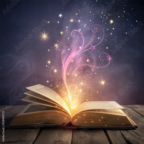 A book is open to a page with a star on it. The book is on a wooden table