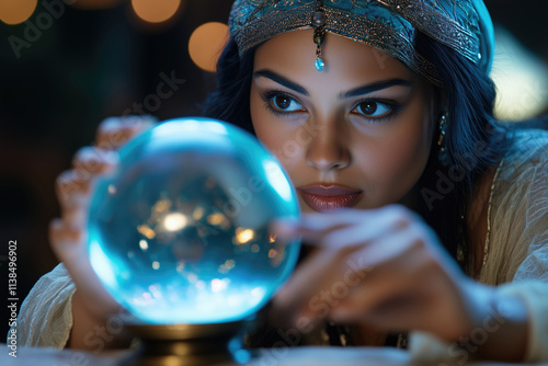 Gypsy fortune teller peers into a glass ball photo