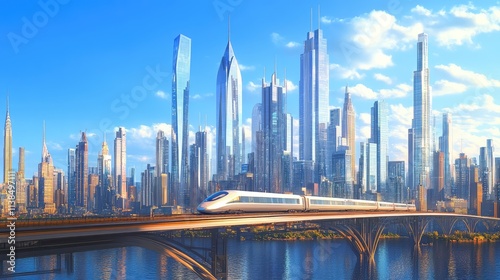 A high-speed train crossing a bridge with a dynamic city skyline of glass buildings, creating a beautiful contrast against the open sky