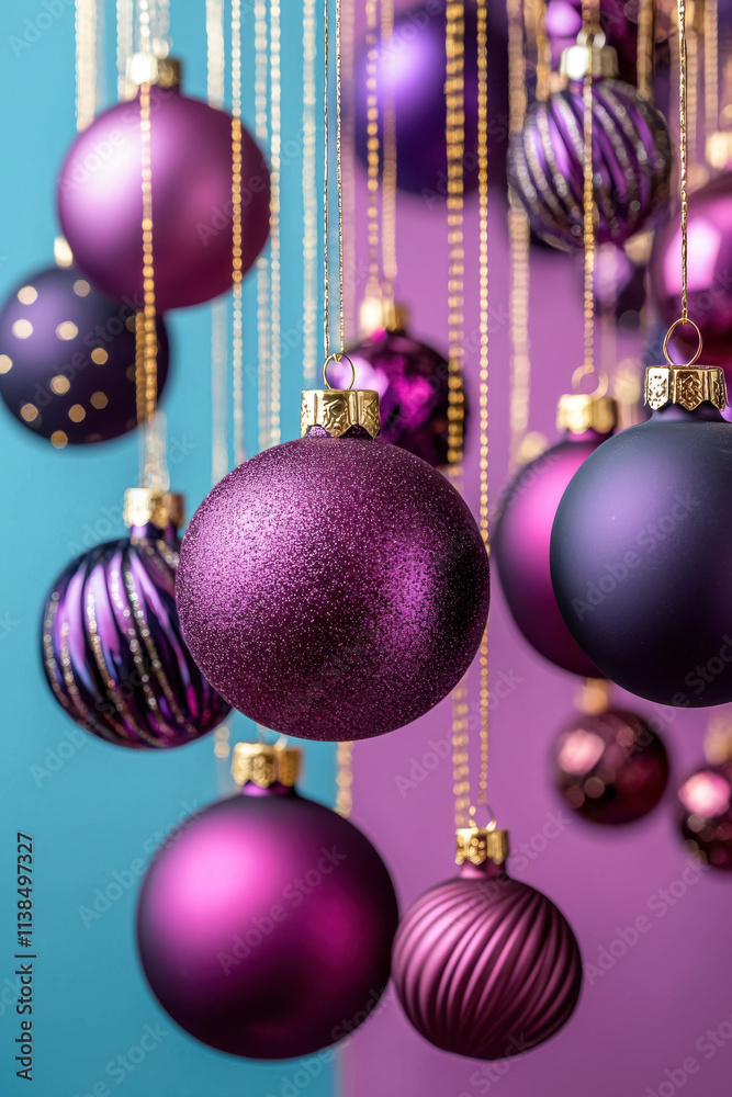 Hanging Purple Christmas Ornaments with Golden Chains. A festive image of glittery and matte baubles suspended on gold strings against a two-toned background.
Hanging Purple Christmas Ornaments with Golden Chains. A festive image of glittery and matte baubles suspended on gold strings against a two-toned background.