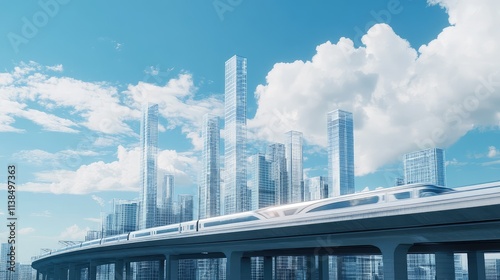 A high-speed train crossing a bridge with a dynamic city skyline of glass buildings, creating a beautiful contrast against the open sky